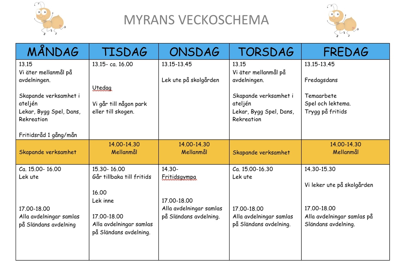 Pedagogisk Planering I Skolbanken: Veckoschema Myrans Fritids